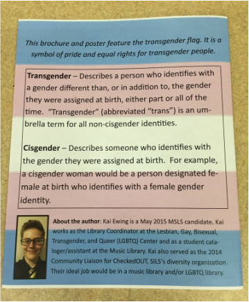 Back of brochure with transgender flag (horizontal lines in this order from top to bottom: blue, pink, white, pink, blue), info about the flag, info about transgender vs. cisgender, and a short picture/bio of Kai.