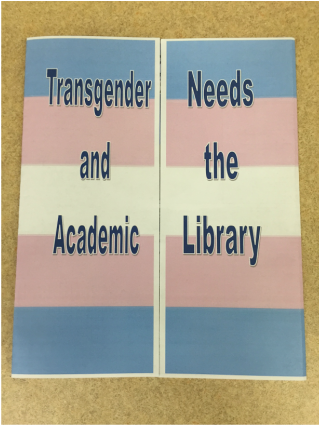 Trifold brochure with transgender flag (horizontal lines in this order from top to bottom: blue, pink, white, pink, blue) and the words 