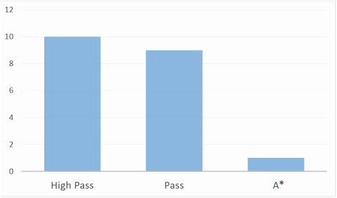 Bar graph of grades in Carolina blue; contains 9 High Pass, 7 Pass, 1 A, and 3 Unknown grades.